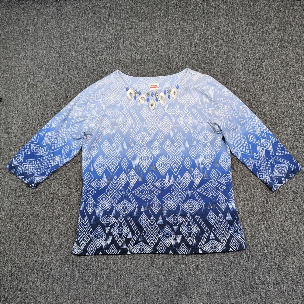 Ruby Rd Boho Embellished Ikat Ombre Top XL Blue Cotton 3/4 Sleeve Geometric Bead